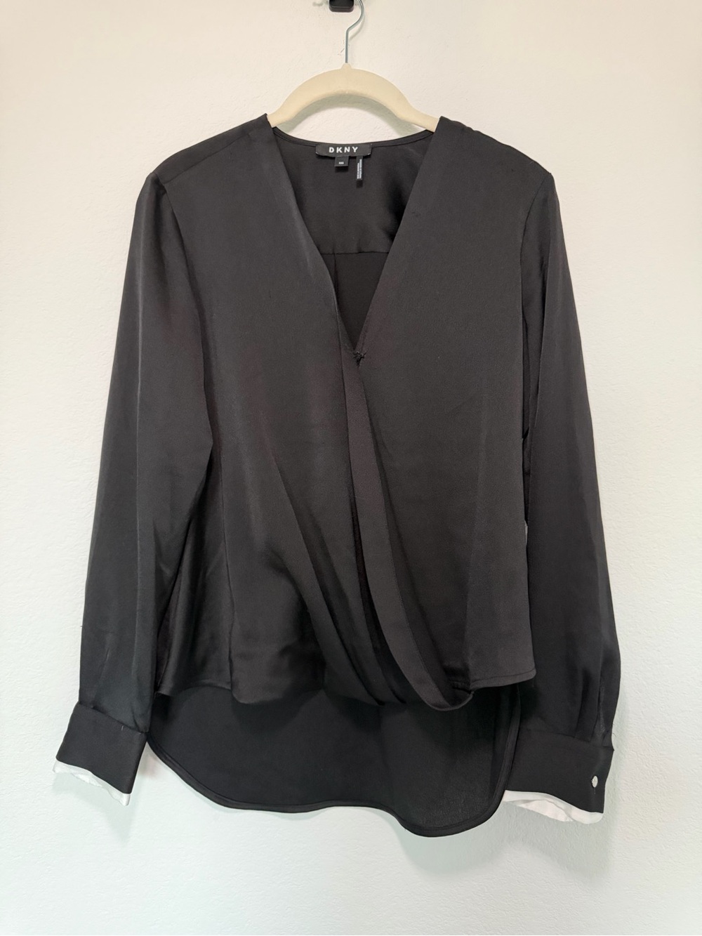 DKNY Black Draped V-Neck Long-Sleeve Blouse